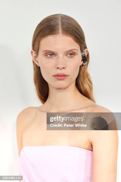 Model, beauty detail, poses backstage prior to the Courreges Womenswear Fall/Winter 2025-2026 show as part of Paris Fashion Week on March 05, 2025 in...