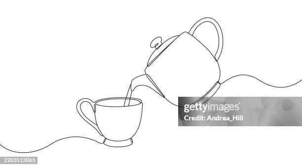 stockillustraties, clipart, cartoons en iconen met teapot pouring tea into a cup single line drawing banner with copy space - theepot