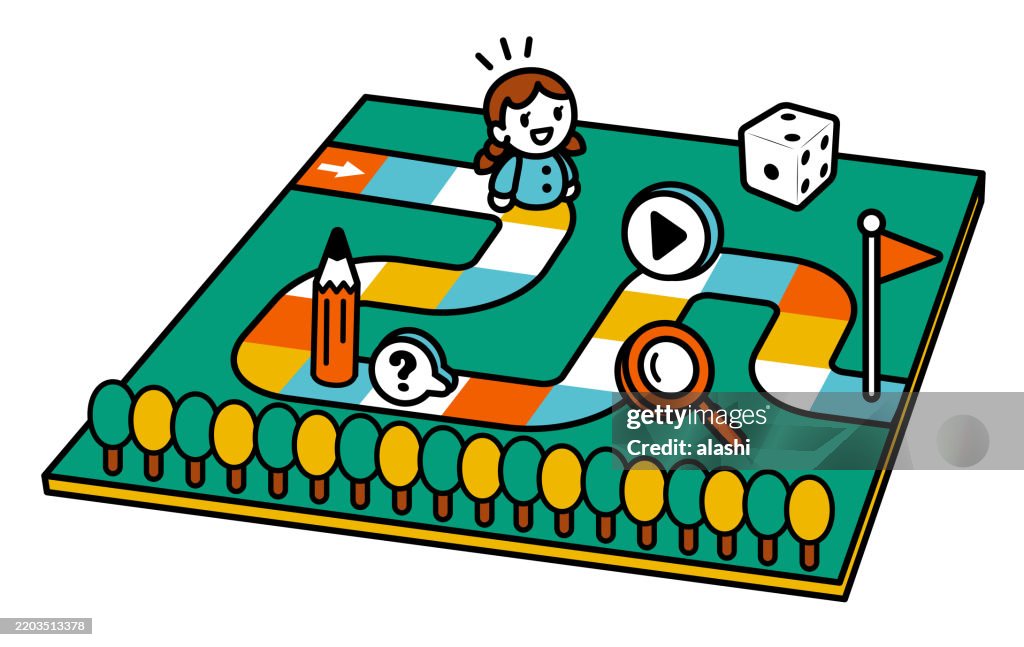 Verspielte Lernreise, ein buntes Brettspiel, ein Würfel, ein fröhliches Schulmädchen bewegt sich auf dem verschlungenen Pfad, schwarzer Umriss und flache Farben