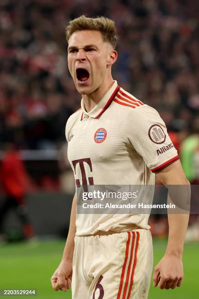 Joshua Kimmich of Bayern Munich celebrates after teammate Jamal Musiala scored his side's second goal during the UEFA Champions League 2024/25 Round...
