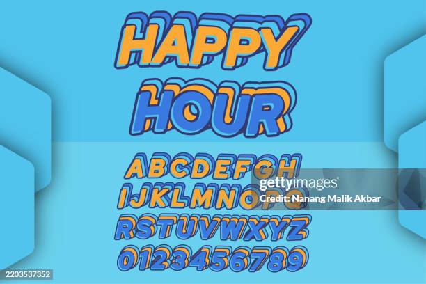 happy hour editierbarer texteffekt. der text kann im bereich "grafikstile" geändert werden. - typografie stock-grafiken, -clipart, -cartoons und -symbole