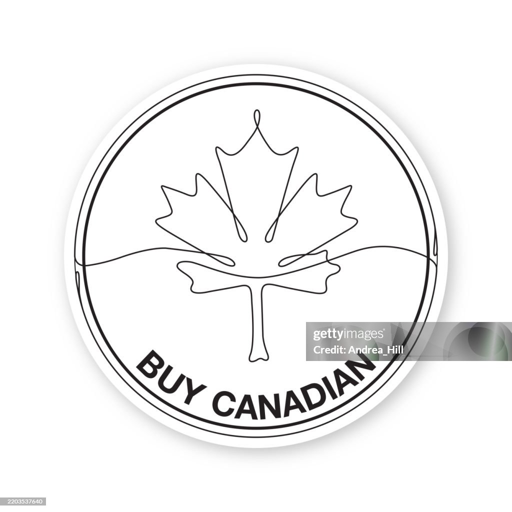 Buy Canadian Label Design, Buy Canada Single Line Drawing with Red Maple Leaf on Label