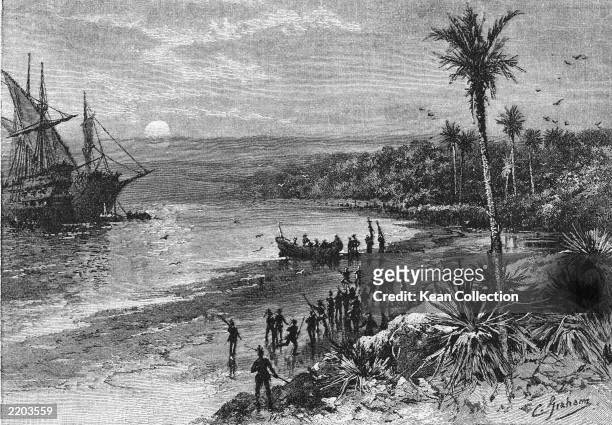 The ship of Italian navigator Christopher Columbus lands at Guanahani, now known as San Salvador, island of the Bahamas, 1492.