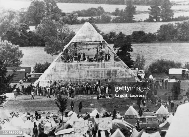 View of the Pyramid Stage at the Glastonbury Festival in Wiltshire, circa 1971.