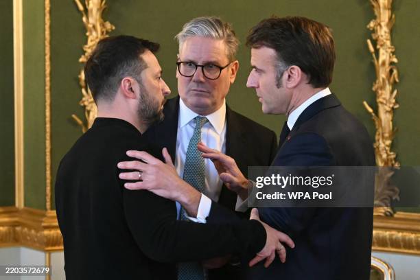 Ukraine's President Volodymyr Zelensky, Britain's Prime Minister Keir Starmer and France's President Emmanuel Macron hold a meeting during a summit...