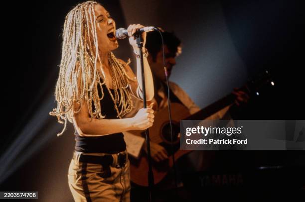 Dutch singer Anouk performing on stage, circa 2000.
