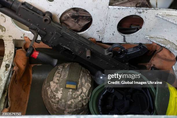 Machine gun and combat helmets are seen in the AMX-10 RC armoured fighting vehicle at the positions of Ukrainian military in the Pokrovsk direction...
