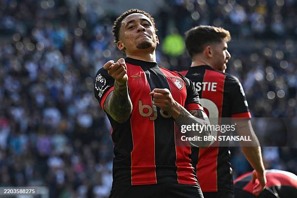 Bournemouth's English midfielder Marcus Tavernier celebrates after scoring the opening goal of the English Premier League football match between...