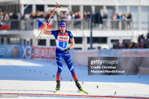 Race winner Quentin Fillon Maillet of France celebrates during the Men's Relay of the IBU World Cup Biathlon Nove Mesto na Morave on March 9, 2025 in...