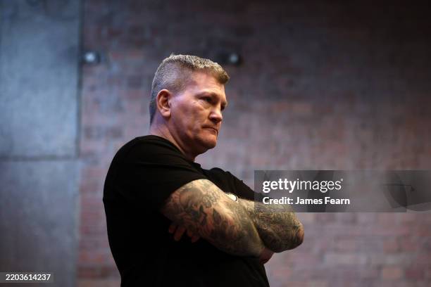 Ricky Hatton, trainer of Chloe Watson, looks on during a media workout ahead of her EBU European Flyweight title fight against Jasmina Zapotoczna at...
