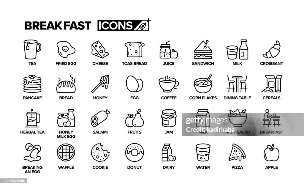 Breakfast line icon set. Group of object. Bread, milk, egg, honey, cheese, coffee, tea, sweet.