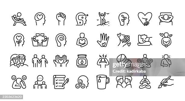 stockillustraties, clipart, cartoons en iconen met therapy line icon set. group of object. mental health, motivation, relaxation, psychotherapy. - alternatieve therapie