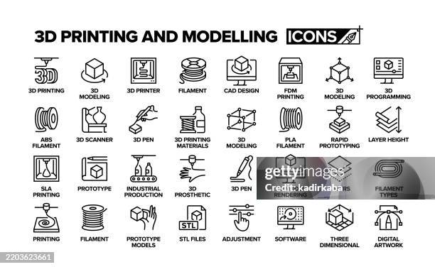 3d printing and modelling line icon set. group of object. creation, design, 3d pen, 3d modelling, 3d printer. - printing out stock illustrations