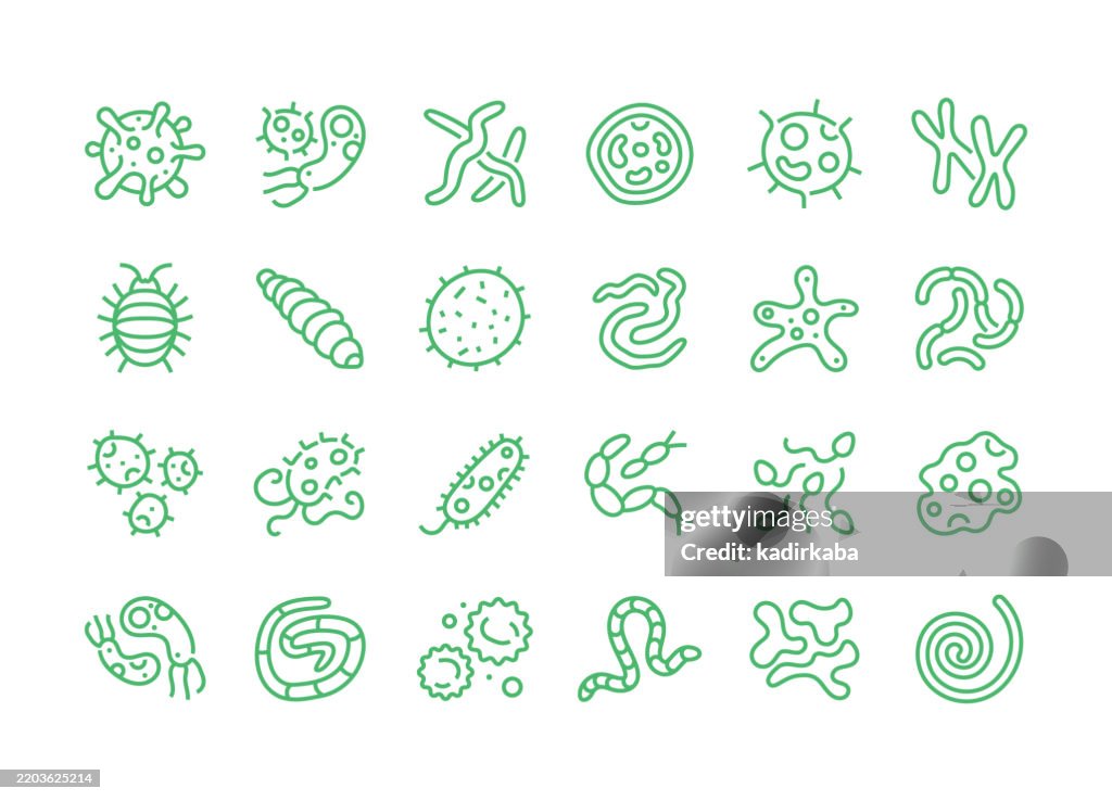 Set di icone della linea dei batteri. Gruppo di oggetti. Microbiologia, biologia, scienza, laboratorio, ricerca, malattia.