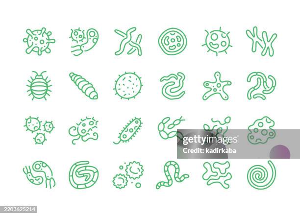 bildbanksillustrationer, clip art samt tecknat material och ikoner med bacteria line icon set. group of object. microbiology, biology, science, lab, research, illness. - bakterier