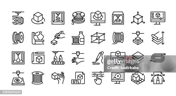 3d printing and modelling line icon set. group of object. creation, design, 3d pen, 3d modelling, 3d printer. - 3d printing stock illustrations