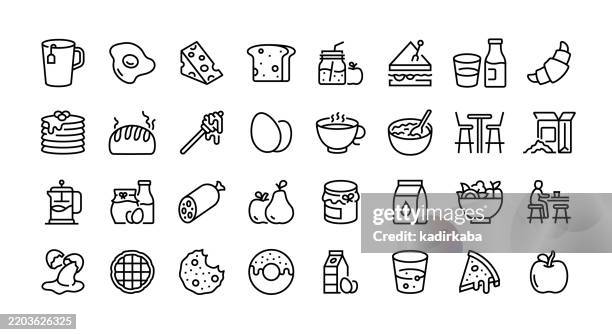 breakfast line icon set. group of object. bread, milk, egg, honey, cheese, coffee, tea, sweet. - hotel breakfast buffet stock illustrations
