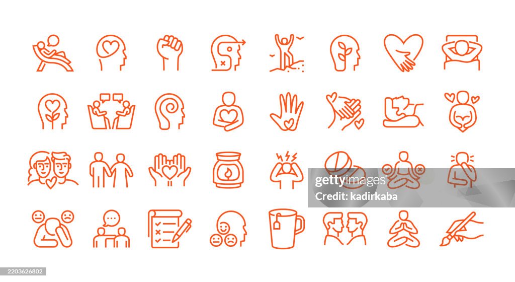 Conjunto de iconos de línea de terapia. Grupo de objetos. Salud mental, motivación, relajación, psicoterapia.