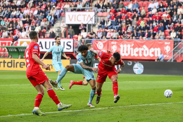Goal attempt Charles-Andreas Brym of Almere City FC Mees Hilgers of FC Twente during the Dutch Eredivisie match between FC Twente and Almere City FC...