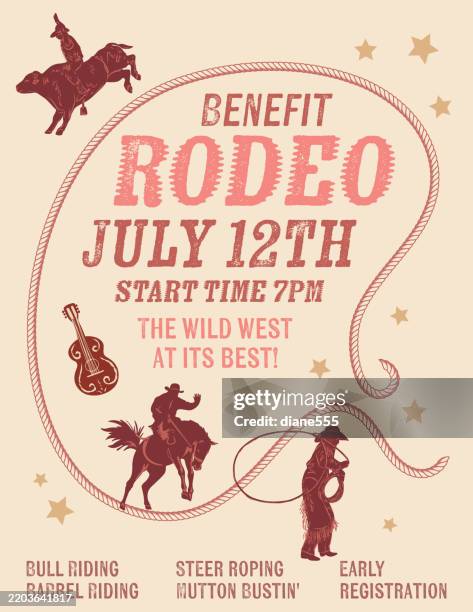 bildbanksillustrationer, clip art samt tecknat material och ikoner med cowboy rodeo poster template with bucking bronco, cowgirl & bull rider - cowboy