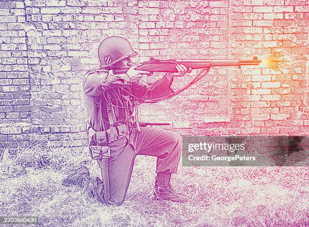 world war ii us soldier shooting m1 garand - muzzle flash stock illustrations