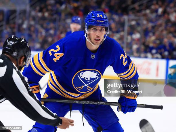 Dylan Cozens of the Buffalo Sabres prepares for a faceoff against the San Jose Sharks during an NHL game on March 4, 2025 at KeyBank Center in...