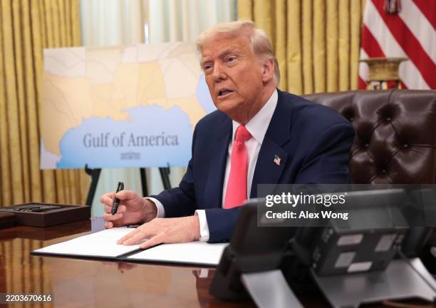 President Donald Trump speaks before signing executive orders in the Oval Office of the White House on March 06, 2025 in Washington, DC. President...