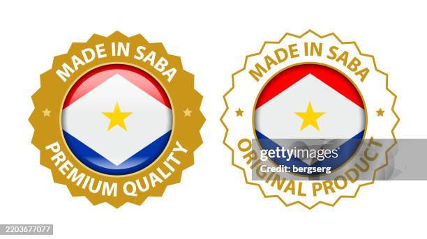 made in saba. vector premium quality and original product label. glossy icon, stamp, badge with national flag of saba. isolated on white background - certificate border stock illustrations