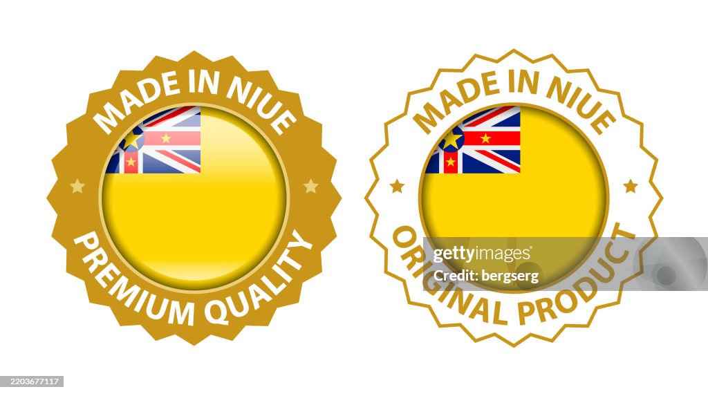 Made in Niue. Vector Premium Quality and Original Product label. Glossy Icon, Stamp, Badge with National Flag of Niue. Isolated on white background