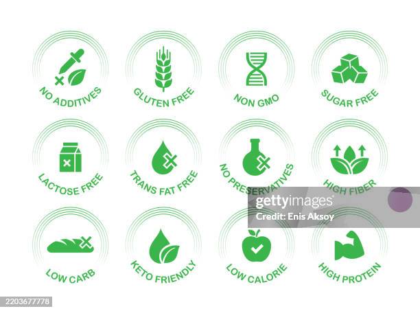illustrations, cliparts, dessins animés et icônes de étiquettes de produits sans additifs - régime faible en glucides