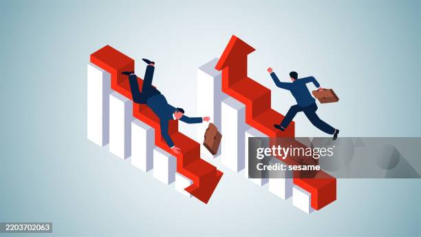 positive vs. negative markets, isometric falling arrow charts falling traders vs. rising arrow charts running traders - increase decrease stock illustrations