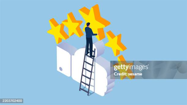 five stars, ratings and feedback, exceptional or high quality. isometric traders place five stars on their thumbs - excellent-customer-service-definition stock illustrations