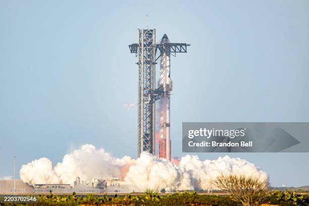 SpaceX Starship Flight 8 takes off from Orbital Launch Pad A at Boca Chica beach on March 06, 2025 in Boca Chica Beach, Texas. The SpaceX Starship...