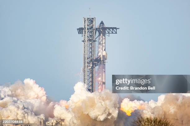 SpaceX Starship Flight 8 takes off from Orbital Launch Pad A at Boca Chica beach on March 06, 2025 in Boca Chica Beach, Texas. The SpaceX Starship...