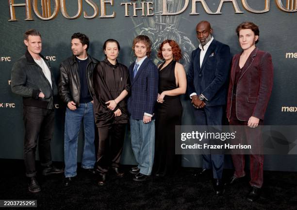 Matt Smith, Fabien Frankel, Emma D’Arcy, Tom Glynn-Carney, Olivia Cooke, Steve Toussaint and Ewan Mitchell attend the "House of the Dragon" FYC Event...