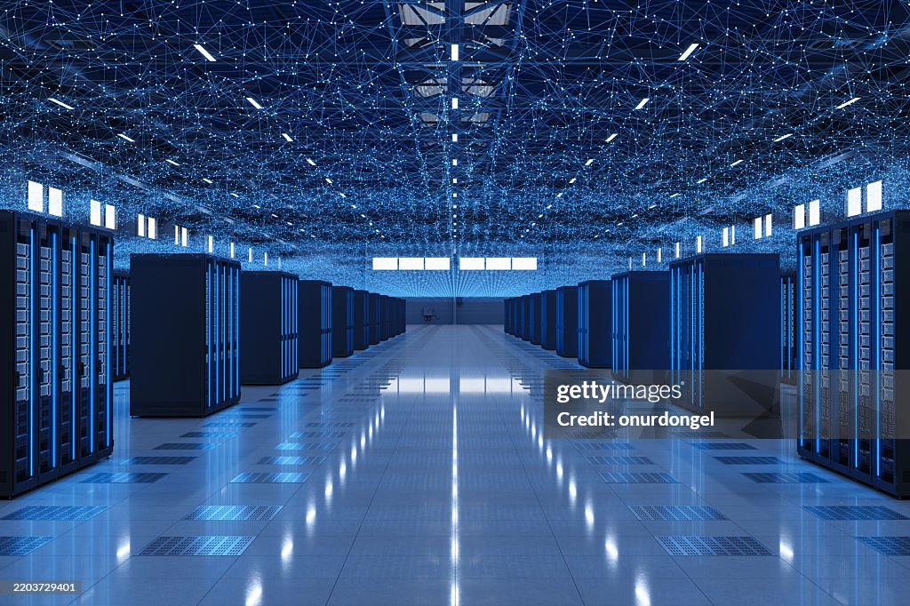 倉庫内の神経叢線と接続ドットを備えたサーバーラック