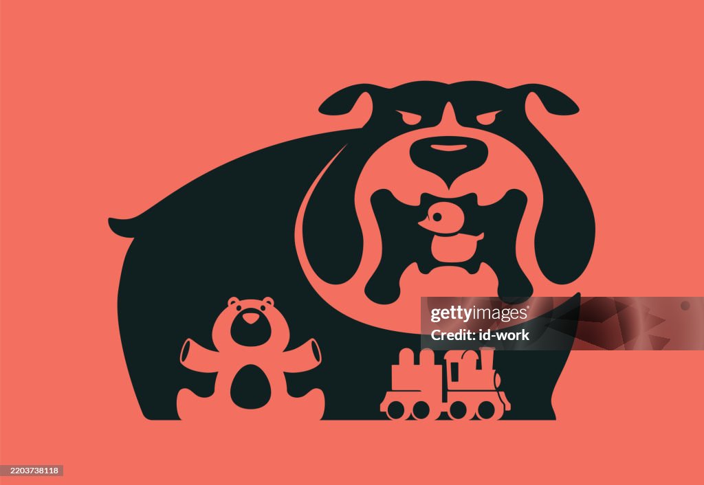 Angry dog with toys icon