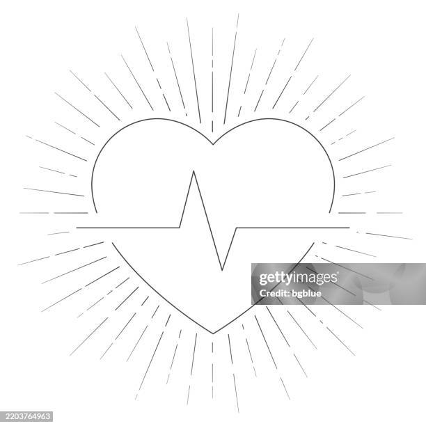 ilustraciones, imágenes clip art, dibujos animados e iconos de stock de latidos del corazón - pulso cardíaco. icono de línea con rayos de sol sobre fondo blanco - reanimación cardiopulmonar