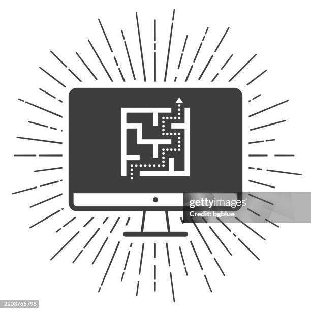 desktop computer with maze. icon with sunbursts on white background - simple maze stock illustrations