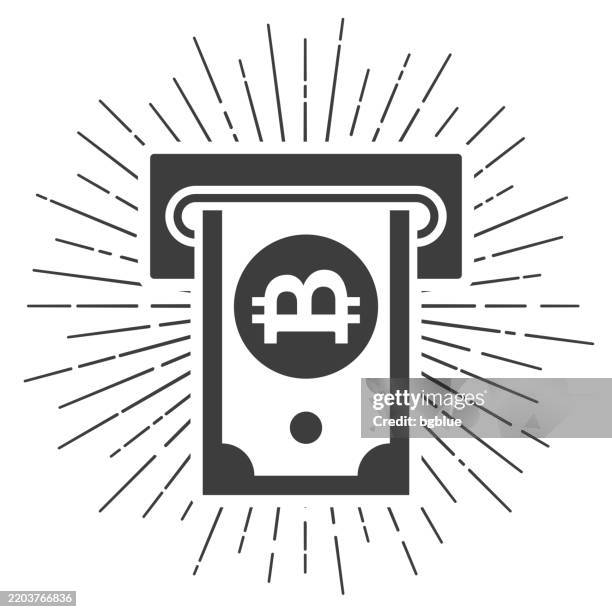 bitcoin withdrawal. icon with sunbursts on white background - automatic payments stock illustrations