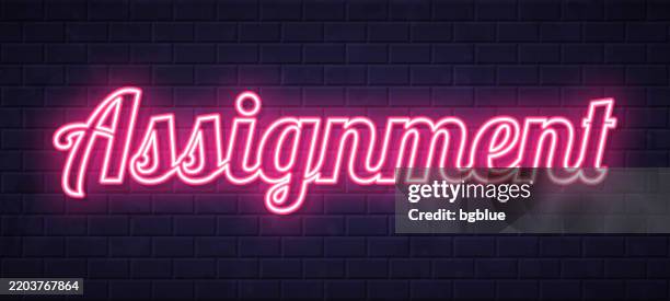 Assignment Glowing Neon Text On Brick Wall Background High-Res Vector Graphic