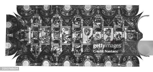overview sheet on michelangelo's ceiling painting in the sistine chapel in rome - sistine chapel stock illustrations