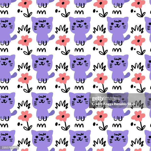 cute cat and flowers doodle seamless repeating pattern - kawaii stock illustrations
