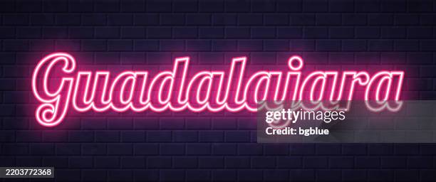 guadalajara - glowing neon text on brick wall background - mexico wall stock illustrations