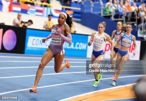 Amber Anning of Great Britain competes in the Women's 400m heats during the European Athletics Indoor Championships at Omnisport Apeldoorn on March...