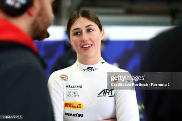 Lia Block of United States and ART Grand Prix looks on in the garage during F1 Academy Testing at Circuito de Jerez on February 26, 2025 in Jerez de...