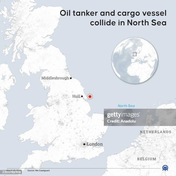 An infographic titled "Oil tanker and cargo vessel collide in North Sea" created in Ankara, Turkiye on March 10, 2025.