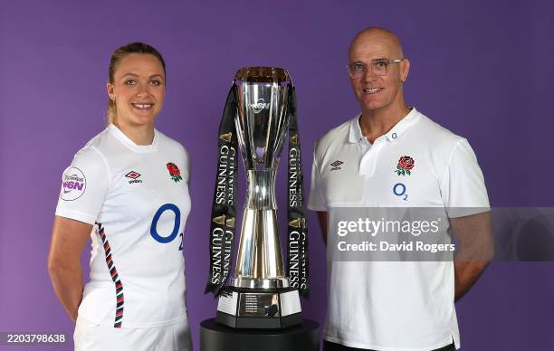 Zoe Aldrcoft, the England captain poses with England head coach, John Mitchell during the Guinness Women's Six Nations 2025 launch event at Tobacco...