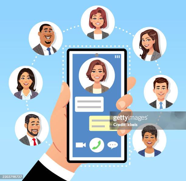 hand holding smartphone- business communication - project management vector stock illustrations