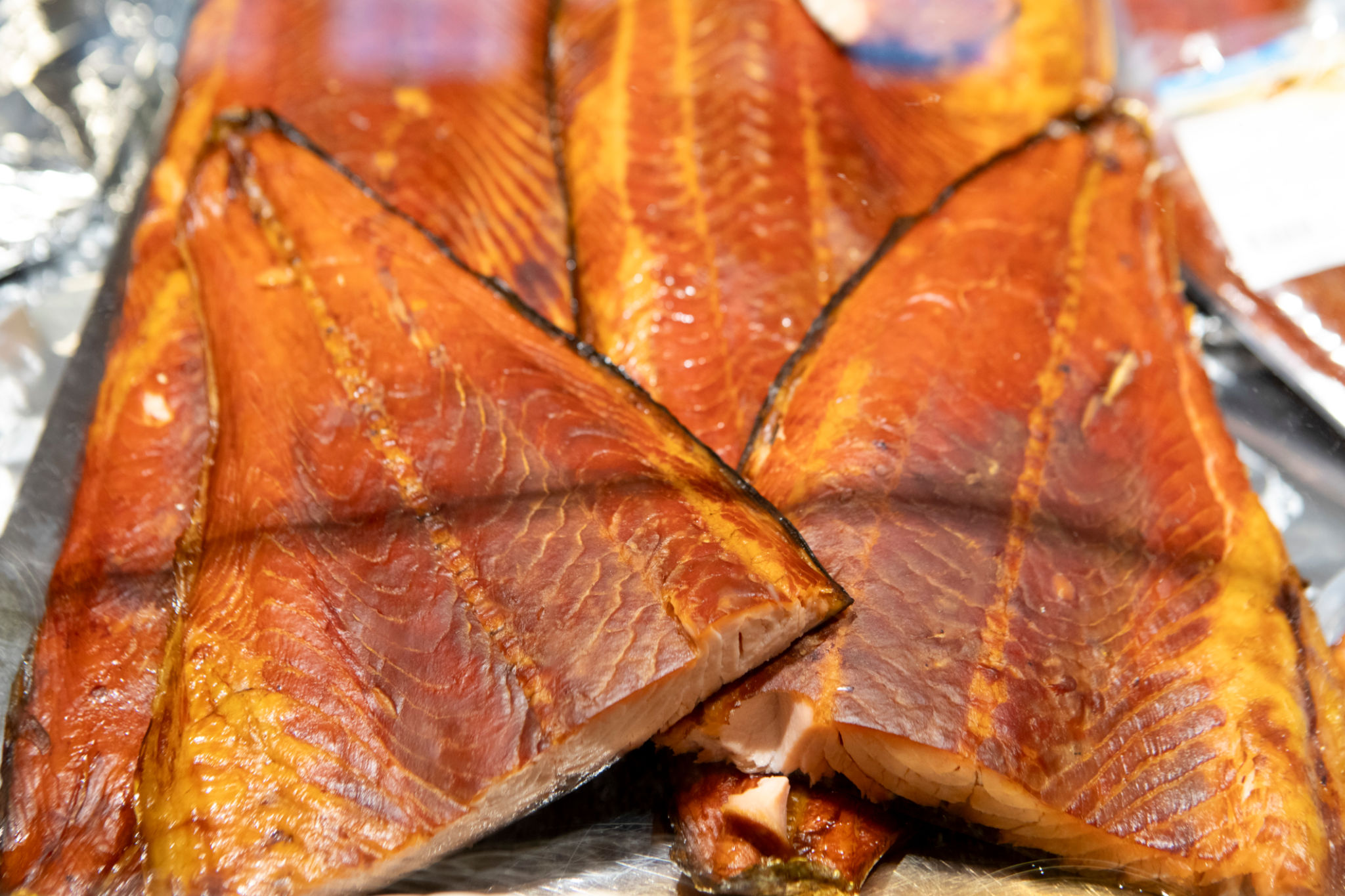 Smoked salmon on a fish market stall Smoked salmon on a fish market stall